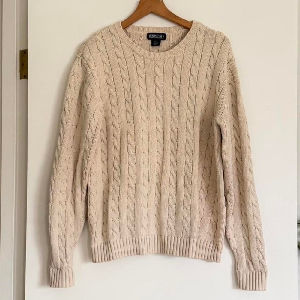 Lands' End Cream Cable Knit Cotton Sweater | Vintage Preppy Cozy CBK JFK jr